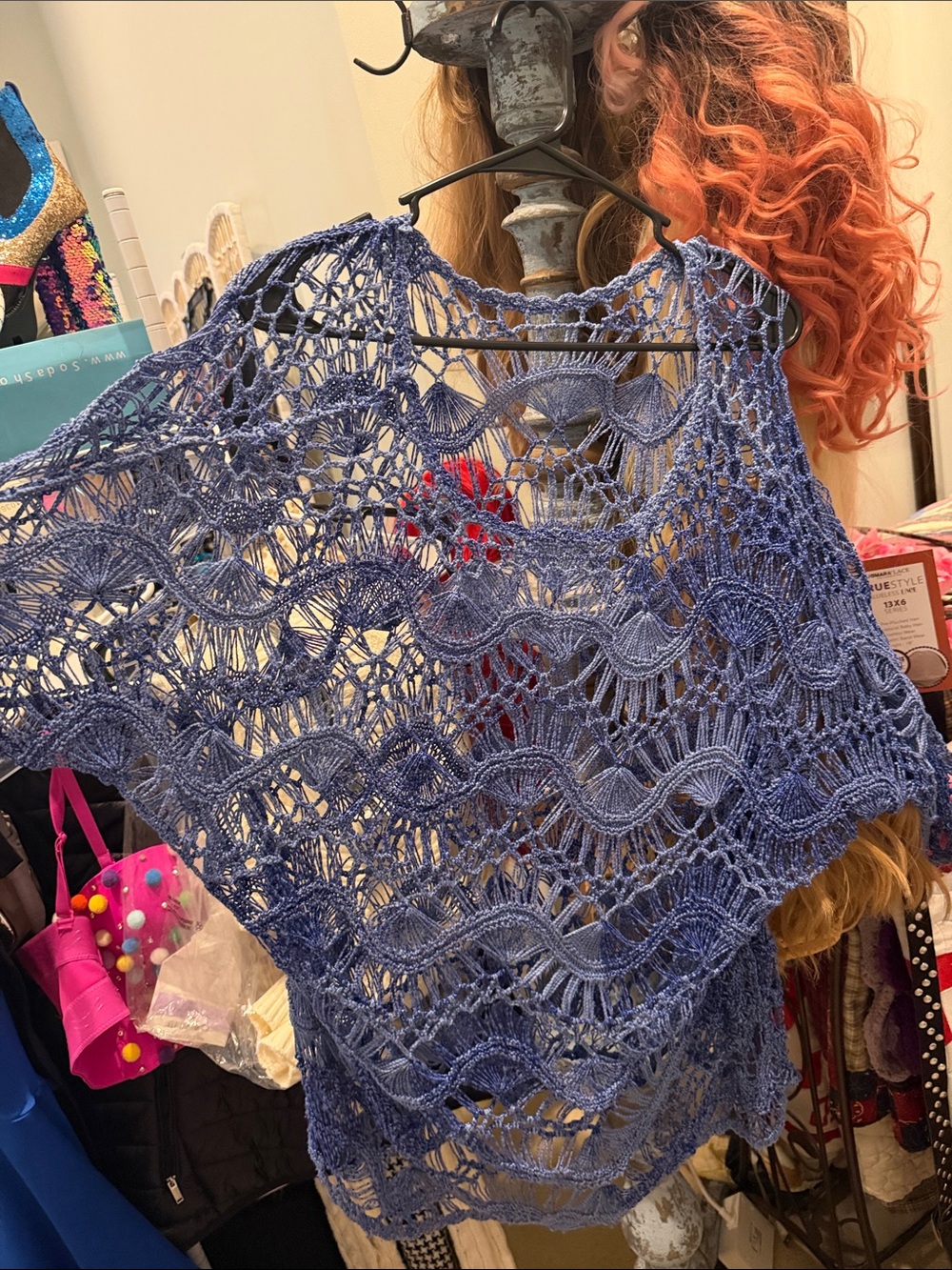 Handmade Crochet Openwork Top in Denim Blue